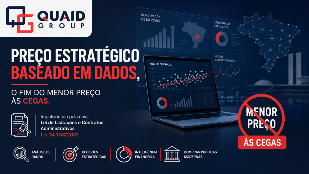 Imagem profissional sobre precificação estratégica e a Lei 14.133/2021, com destaque para o fim do menor preço cego em licitações públicas