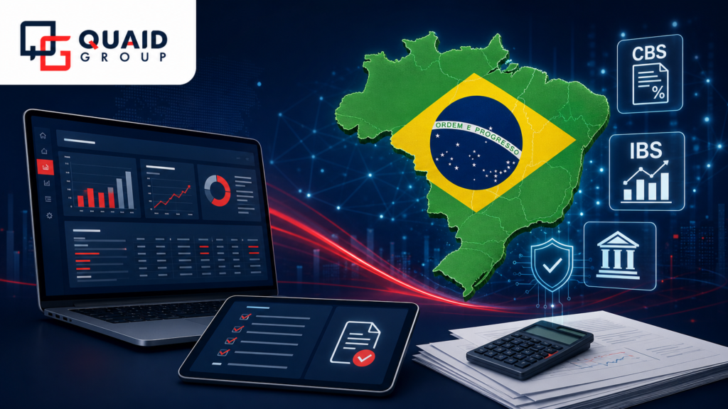 ERP e Reforma Tributária 2026, com mapa do Brasil e bandeira nas cores oficiais, representando a integração entre tecnologia e compliance fiscal para PMEs, com a logomarca da Quaid Group