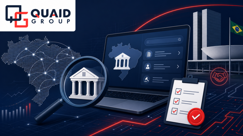 PNCP — Portal Nacional de Contratações Públicas, mostrando a centralização digital de licitações e oportunidades com o governo, com a logomarca da Quaid Group