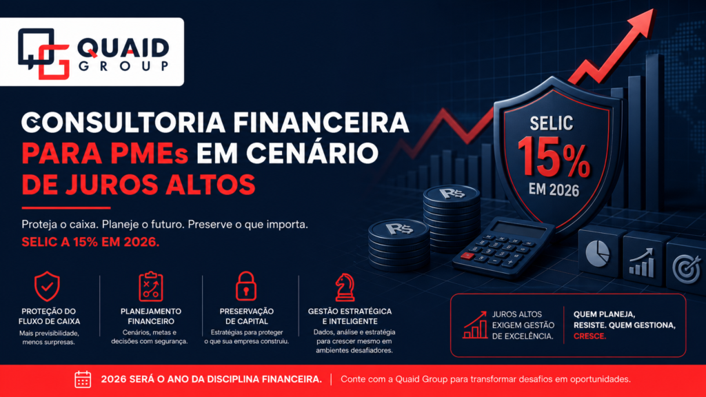 Consultoria financeira para PMEs com Selic a 15%, representando proteção de caixa e planejamento financeiro estratégico