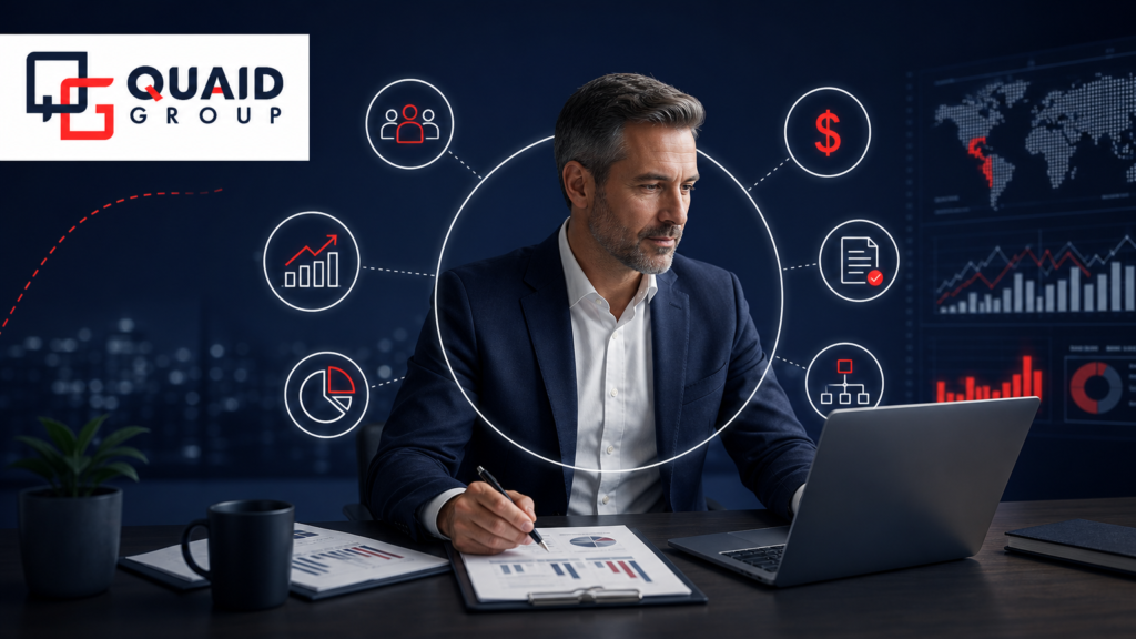 CFO as a Service, mostrando liderança financeira estratégica, dashboards e gestão de fluxo de caixa para PMEs, com a logomarca da Quaid Group