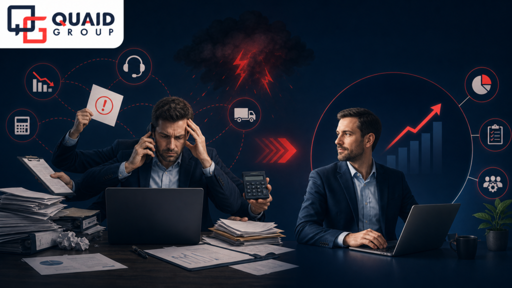 O custo oculto do empresário que faz tudo sozinho, mostrando a sobrecarga operacional e a solução do BPO Financeiro, com a logomarca da Quaid Group