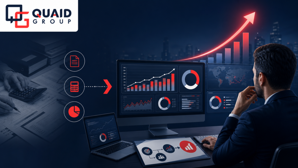 Gestão financeira como braço estratégico do negócio, mostrando dashboards, indicadores e análise de dados para decisões empresariais, com a logomarca da Quaid Group