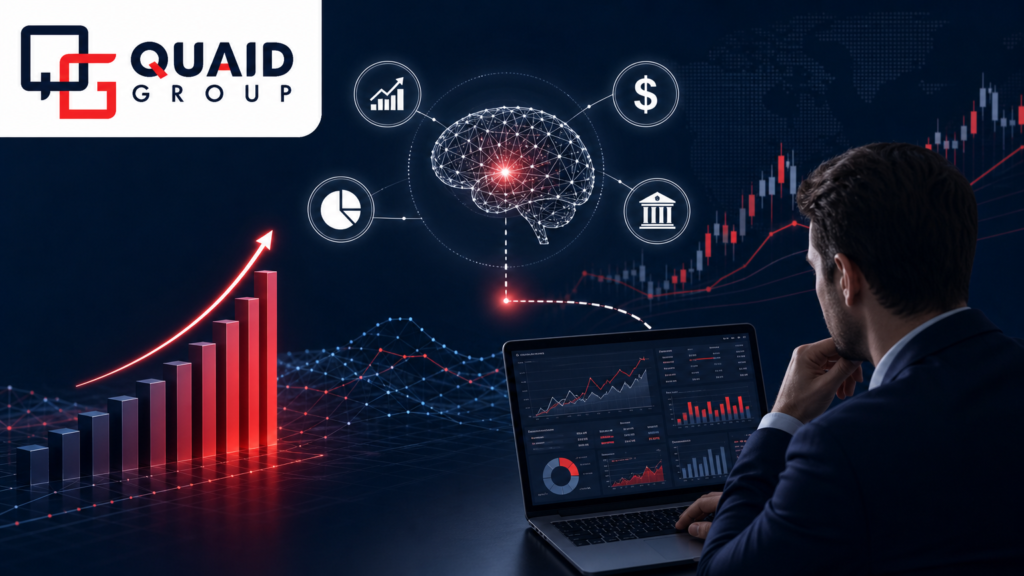IA Preditiva aplicada à gestão financeira, mostrando dashboards com projeções de fluxo de caixa e análise preditiva para PMEs, com a logomarca da Quaid Group