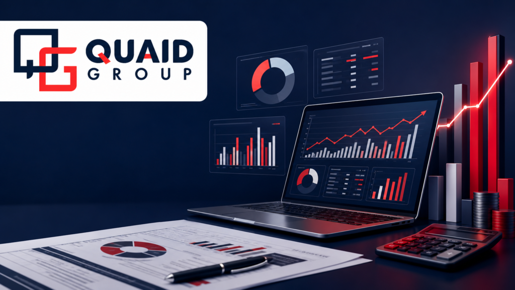 DRE — Demonstração do Resultado do Exercício, mostrando a estrutura de receitas, custos, despesas e lucratividade em dashboards financeiros, com a logomarca da Quaid Group