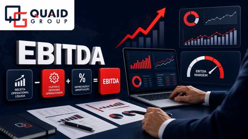 EBITDA, mostrando análise de lucratividade operacional, receitas, custos e dashboards financeiros, com a logomarca da Quaid Group