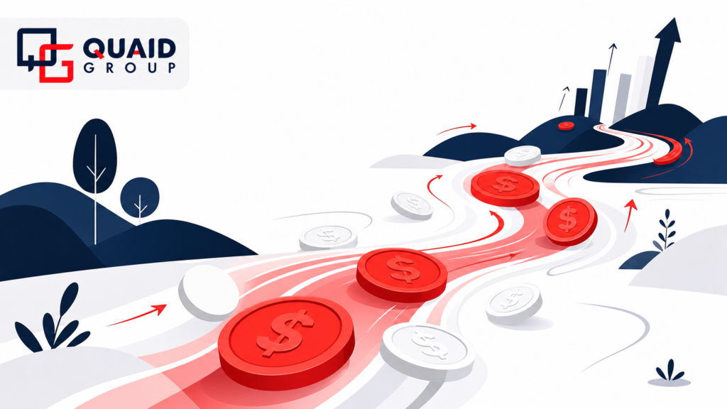 Como fazer fluxo de caixa, mostrando entradas, saídas, saldo e dashboards de controle financeiro para PMEs, com a logomarca da Quaid Group