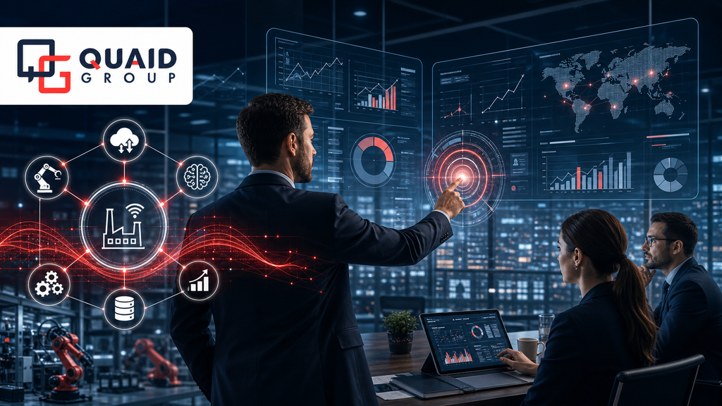 Gestão 4.0, mostrando a evolução da gestão com dados em tempo real, sistemas integrados, automação e inteligência artificial para PMEs, com a logomarca da Quaid Group